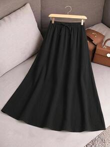 SHEIN Teen Girl Teen Girls Woven Black Drawstring Casual Skirt - Black - View 1