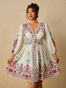 Travachic 大尺碼女款波希米亞優雅曲線花卉印花前綁帶蝴蝶結長袖V領短洋裝 秋季度假休閒穿搭 白色 - 彩色 - 查看 9