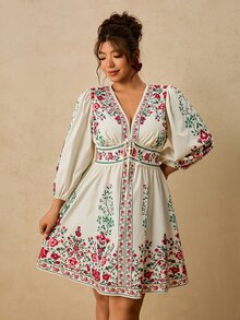 Travachic 大尺碼女款波希米亞優雅曲線花卉印花前綁帶蝴蝶結長袖V領短洋裝 秋季度假休閒穿搭 白色 - 彩色 - 查看 5