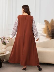 Al Najma Casual Lace Patchwork Solid Color Round Neck Long Sleeve Loose Regular Fit Spring Autumn Plus Size Women's Arabic Dress - Rust Brown - View 2