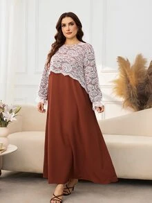 Al Najma Casual Lace Patchwork Solid Color Round Neck Long Sleeve Loose Regular Fit Spring Autumn Plus Size Women's Arabic Dress - Rust Brown - View 4