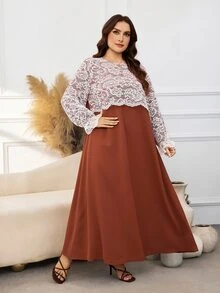 Al Najma Casual Lace Patchwork Solid Color Round Neck Long Sleeve Loose Regular Fit Spring Autumn Plus Size Women's Arabic Dress - Rust Brown - View 3