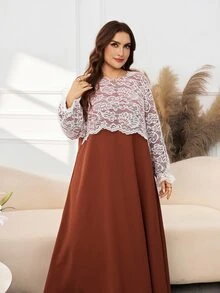 Al Najma Casual Lace Patchwork Solid Color Round Neck Long Sleeve Loose Regular Fit Spring Autumn Plus Size Women's Arabic Dress - Rust Brown - View 6