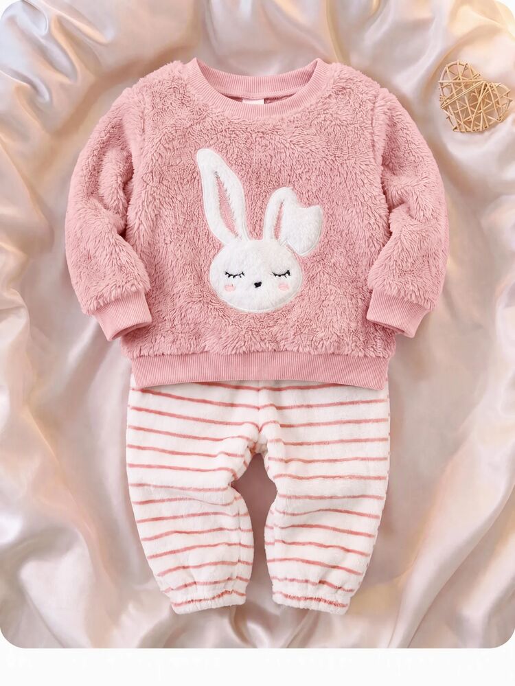 SHEIN Babygirl Cute Pink Fuzzy Cartoon Pattern Long Sleeve Top & Striped Long Pants Set - Pink - View 1