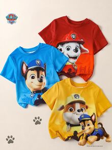 SHEIN | PAW Patrol 3件組小男孩卡通兒童印花休閒日常短袖T恤 幼兒生日嬰兒粉色嬰兒黃色夏季款 - 彩色 - 查看 1