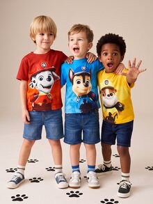 SHEIN | PAW Patrol 3件組小男孩卡通兒童印花休閒日常短袖T恤 幼兒生日嬰兒粉色嬰兒黃色夏季款 - 彩色 - 查看 3
