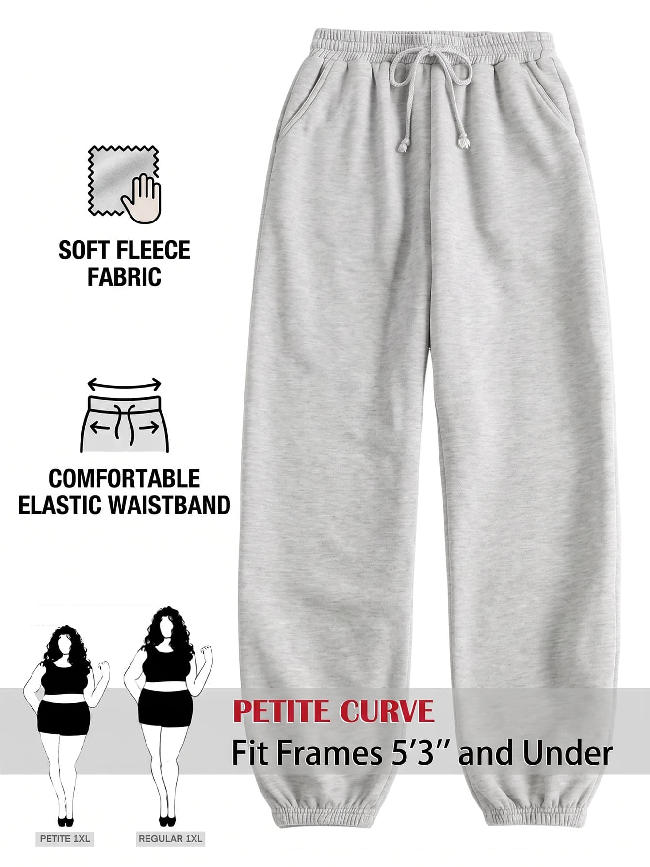 SHEIN PETITE CURVE 大尺碼女款純色抽繩腰休閒百搭日常長褲 冬季 - 淺灰色 - 查看 1