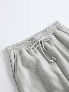 SHEIN PETITE CURVE 大尺碼女款純色抽繩腰休閒百搭日常長褲 冬季 - 淺灰色 - 查看 7