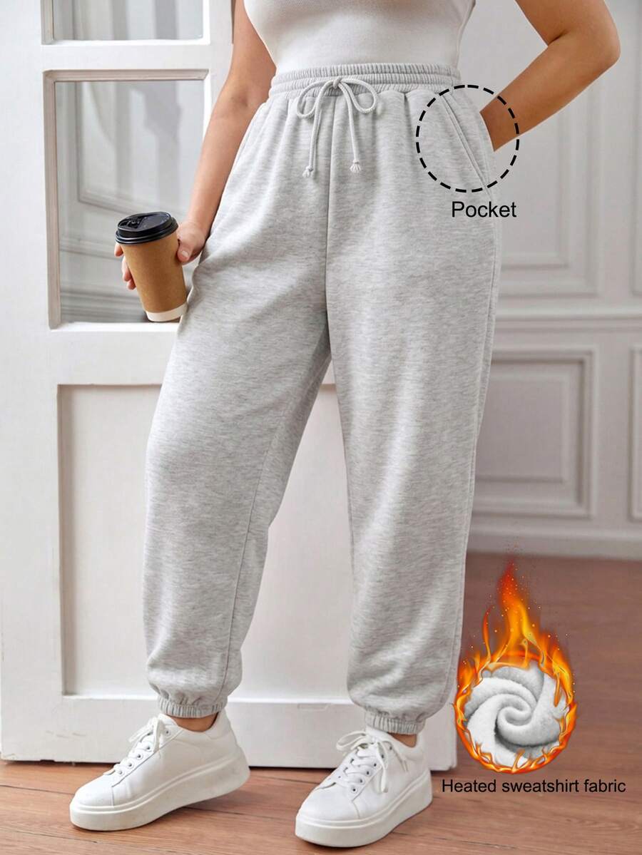 SHEIN PETITE CURVE Plus Size Women's Solid Color Drawstring Waist Casual Versatile Everyday Long Pants Winter - Light Grey - View 1