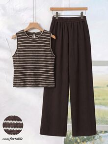 Rusticease 休閒海灘風女款夏季條紋背心與棕色長褲兩件套，秋季優雅鄉村風女裝套裝 - 棕色 - 查看 2