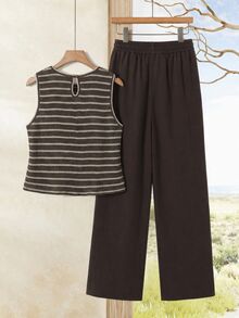 Rusticease 休閒海灘風女款夏季條紋背心與棕色長褲兩件套，秋季優雅鄉村風女裝套裝 - 棕色 - 查看 3