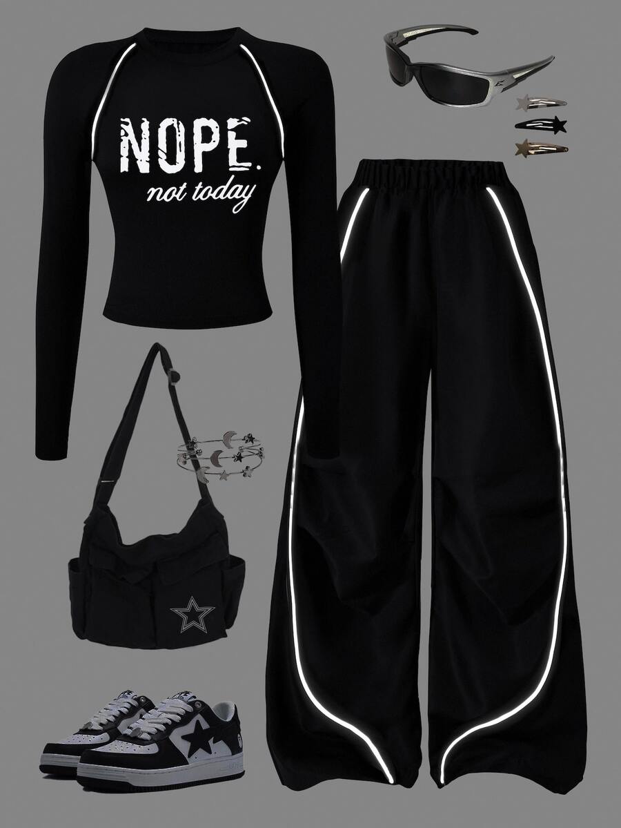 SHEIN Tween Girls Fall Outfits Fall Tops 2pcs/Set White Black Autumn Cute School Casual Athletic T-Shirt And Pants Set