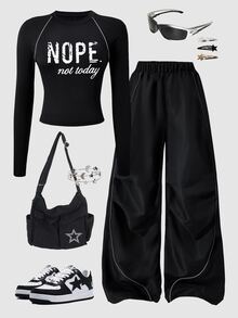 SHEIN Tween Girls Fall Outfits Fall Tops 2pcs/Set White Black Autumn Cute School Casual Athletic T-Shirt And Pants Set - Black - View 4