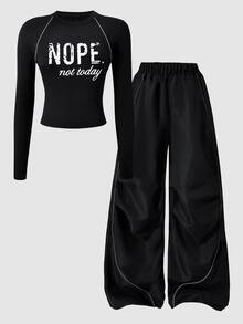 SHEIN Tween Girls Fall Outfits Fall Tops 2pcs/Set White Black Autumn Cute School Casual Athletic T-Shirt And Pants Set - Black - View 9