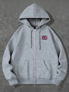 Resyla Men Men's Drawstring Hooded National Flag Pattern Zip-Up Casual Streetwear Everyday Sweatshirt Date Night Holiday Grey Autumn - Light Grey - View 3