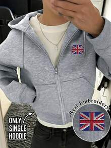 Resyla Men Men's Drawstring Hooded National Flag Pattern Zip-Up Casual Streetwear Everyday Sweatshirt Date Night Holiday Grey Autumn - Light Grey - View 1