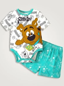 SCOOBY-DOO X SHEIN 男嬰卡通線條狗圖案全印Q版小狗大圖案連身衣與對比色短褲夏季俏皮2件套 -DOO - 薄荷綠 - 查看 1