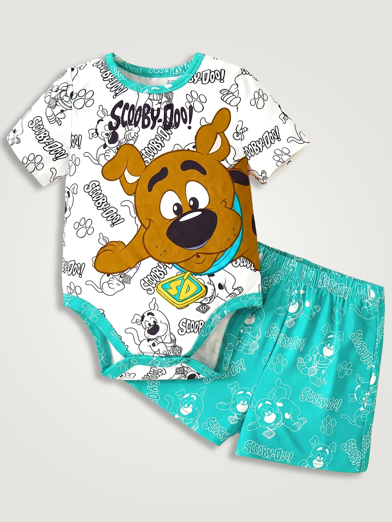 SCOOBY-DOO X SHEIN 男嬰卡通線條狗圖案全印Q版小狗大圖案連身衣與對比色短褲夏季俏皮2件套 -DOO - 薄荷綠 - 查看 1