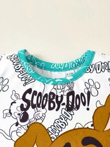SCOOBY-DOO X SHEIN 男嬰卡通線條狗圖案全印Q版小狗大圖案連身衣與對比色短褲夏季俏皮2件套 -DOO - 薄荷綠 - 查看 4