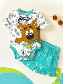 SCOOBY-DOO X SHEIN 男嬰卡通線條狗圖案全印Q版小狗大圖案連身衣與對比色短褲夏季俏皮2件套 -DOO - 薄荷綠 - 查看 3