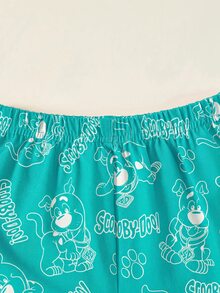 SCOOBY-DOO X SHEIN 男嬰卡通線條狗圖案全印Q版小狗大圖案連身衣與對比色短褲夏季俏皮2件套 -DOO - 薄荷綠 - 查看 6