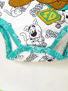 SCOOBY-DOO X SHEIN 男嬰卡通線條狗圖案全印Q版小狗大圖案連身衣與對比色短褲夏季俏皮2件套 -DOO - 薄荷綠 - 查看 5