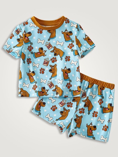 SCOOBY-DOO X SHEIN Baby Boy Round Neck All-Over Print Short Sleeve T-Shirt And Shorts Casual Daily Outfit