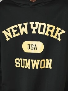 SUMWON New York USA Varsity Text Print Oversized Pullover Hoodie With Long Sleeves And Hooded Neckline - Black - View 3