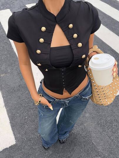 Muchica Black Hollow Out Napoleon Button Short Sleeve T-Shirt For Women Casual Sexy Party Streetwear Y2K Going Out Crop Top Vacation Festival Back To School