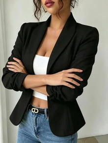 Elenzga Blazer elegante de verano para mujer, minimalista de alta gama, ropa de oficina de verano, estilo profesional de verano para ir al trabajo, look de lujo sofisticado de verano, estilo elegante de verano, blazer ligero de talla grande para mujer - Negro - Ver 5