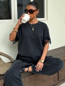 Muchica 深灰色石洗蕾絲拼接休閒 Y2K 短袖上衣與寬腿長褲，女款基礎兩件式套裝，適合日常白天夏季穿著 - 黑色 - 查看 4