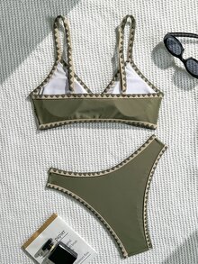 Swim Basics 夏季新款纯色可调节肩带贝壳饰边低腰三角比基尼泳衣套装（女款） - 彩色 - 查看 2