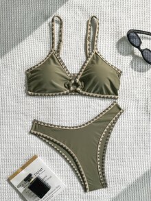 Swim Basics 夏季新款纯色可调节肩带贝壳饰边低腰三角比基尼泳衣套装（女款） - 彩色 - 查看 3
