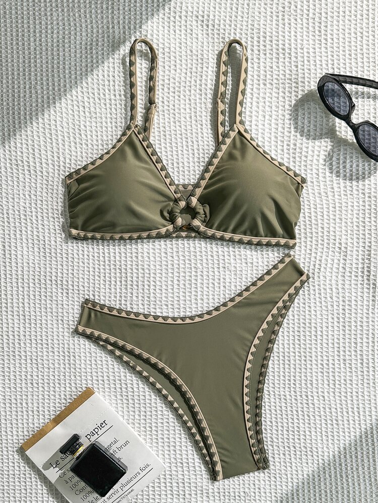 Swim Basics Conjunto de bikini de triángulo de cintura baja con adorno de concha marina, de unicolor y ajustable, nuevo para el verano para mujeres - Multicolor - Añade 3