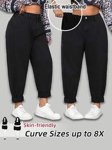 SHEIN CURVE+ Plus Size Casual Minimalist Solid Color Tapered Jeans - Black - View 1