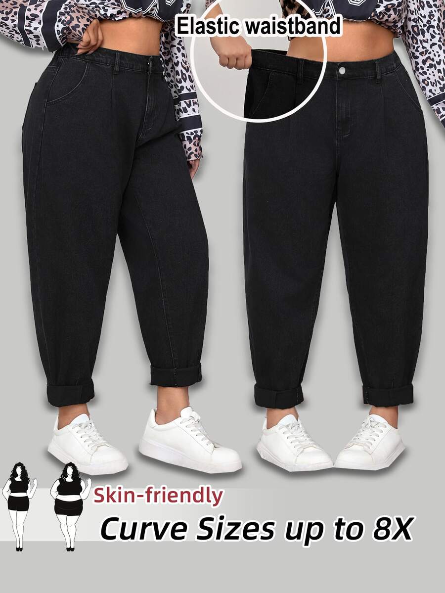 SHEIN CURVE+ Plus Size Casual Minimalist Solid Color Tapered Jeans - Black - View 1