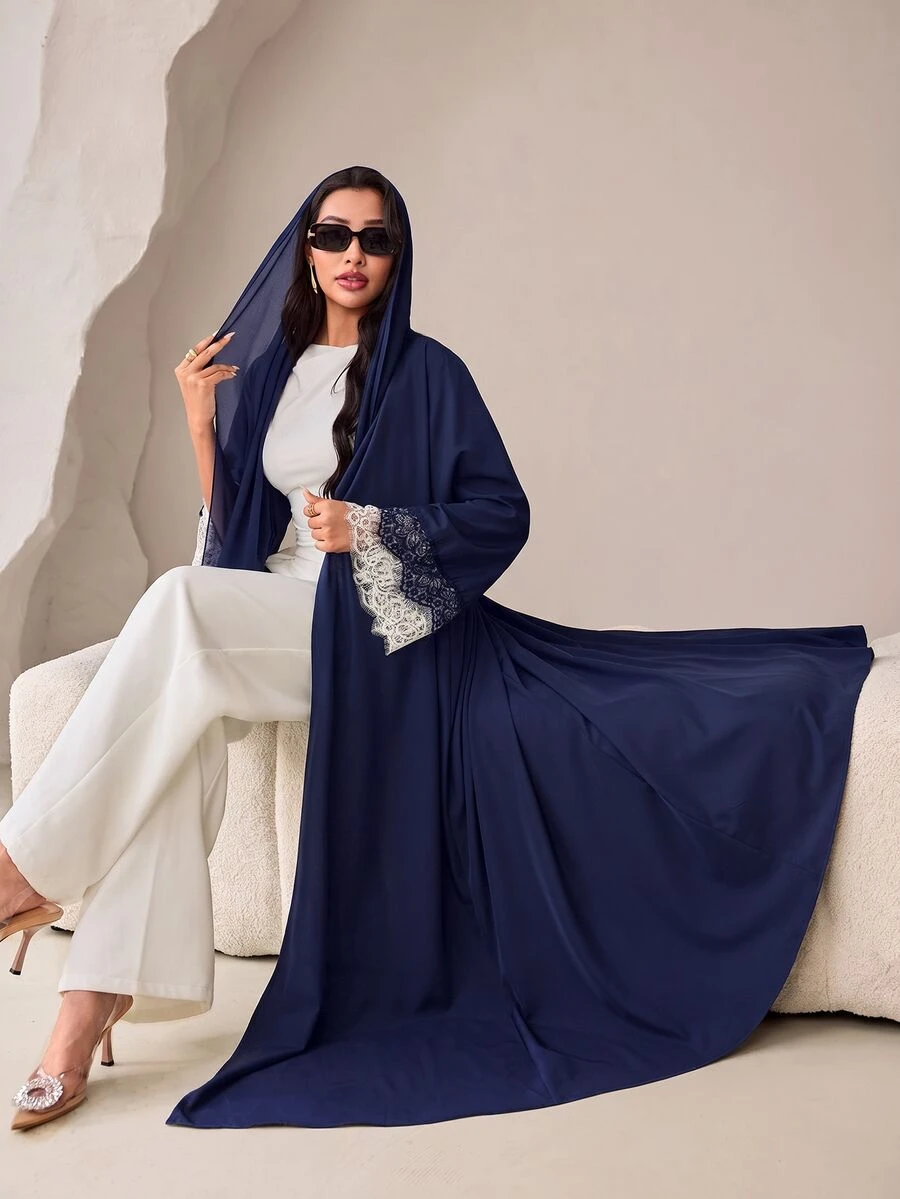 Veilorie Women's Elegant Lace Patchwork Abaya - Navy Blue - View 1
