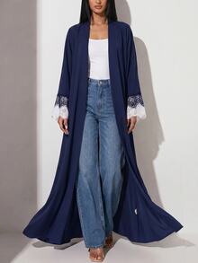 Veilorie Women's Elegant Lace Patchwork Abaya - Navy Blue - View 6