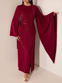 Veilorie Women's Elegant Solid Color Bell Sleeve Arabian Dress - Red - View 8