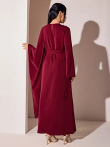Veilorie Women's Elegant Solid Color Bell Sleeve Arabian Dress - Red - View 3