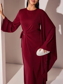 Veilorie Women's Elegant Solid Color Bell Sleeve Arabian Dress - Red - View 7