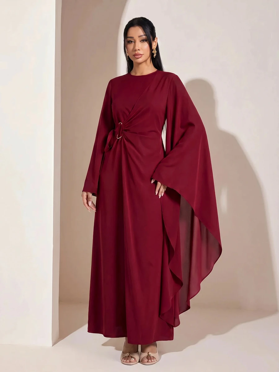 Veilorie Women's Elegant Solid Color Bell Sleeve Arabian Dress - Red - View 1