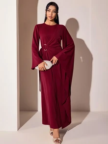 Veilorie Women's Elegant Solid Color Bell Sleeve Arabian Dress - Red - View 5