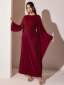 Veilorie Women's Elegant Solid Color Bell Sleeve Arabian Dress - Red - View 6