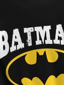 BATMAN X SHEIN 男士休闲时尚街头蝙蝠标志字母撞色条纹印花短袖黑色T恤，夏季 - 白色 - 查看 5