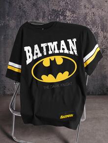 BATMAN X SHEIN 男士休闲时尚街头蝙蝠标志字母撞色条纹印花短袖黑色T恤，夏季 - 白色 - 查看 1