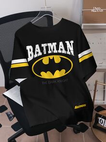 BATMAN X SHEIN 男士休闲时尚街头蝙蝠标志字母撞色条纹印花短袖黑色T恤，夏季 - 白色 - 查看 3