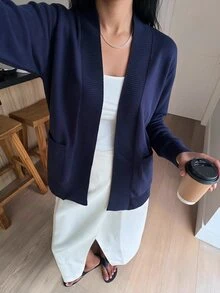SHEIN LUNE 女款簡約休閒雙口袋長袖針織開襟衫 辦公商務海軍藍秋季 - 藏蓝色 - 查看 2
