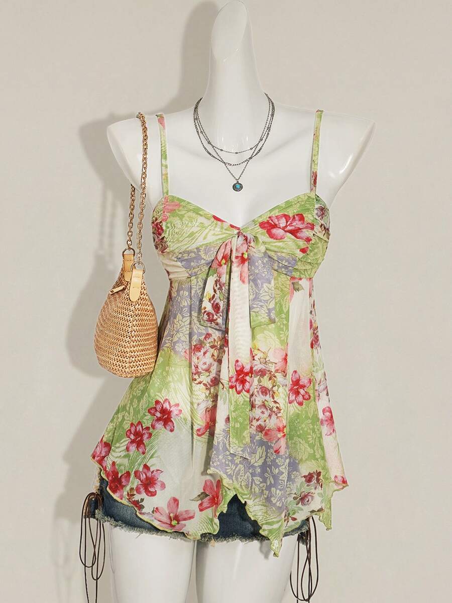 SHEIN ICON 女士绿色花卉印花吊带背心，适合度假休闲