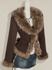 SHEIN ICON 女式秋冬深棕色人造毛皮拼布修身腰部夹克 - 棕色 - 查看 10
